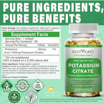 Potassium Supplement Softgels, High Absorption Potassium Citrate 1000mg for Muscle Heart Electrolyte Balance and Normal pH Support*, Essential Mineral, Non-GMO, 2 Month Supply
