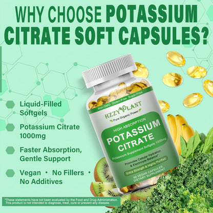 Potassium Supplement Softgels, High Absorption Potassium Citrate 1000mg for Muscle Heart Electrolyte Balance and Normal pH Support*, Essential Mineral, Non-GMO, 2 Month Supply