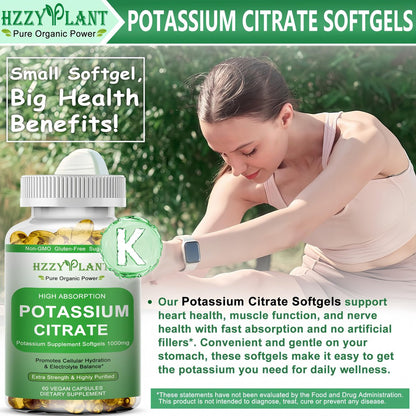Potassium Supplement Softgels, High Absorption Potassium Citrate 1000mg for Muscle Heart Electrolyte Balance and Normal pH Support*, Essential Mineral, Non-GMO, 2 Month Supply