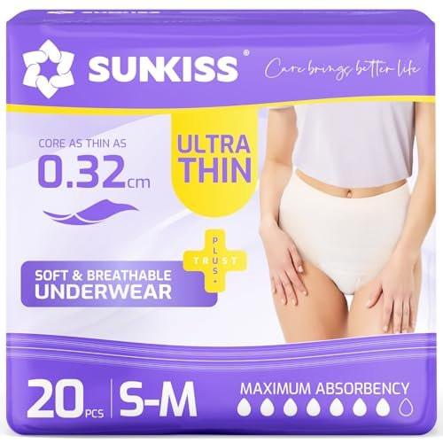 SUNKISS Ultra Thin Incontinence Underwear for Women, High Absorbency & Super Soft Postpartum Diapers, Disposable Adult Pull Ups, Unscented, Small/Medium, 20 Count - görsel 1