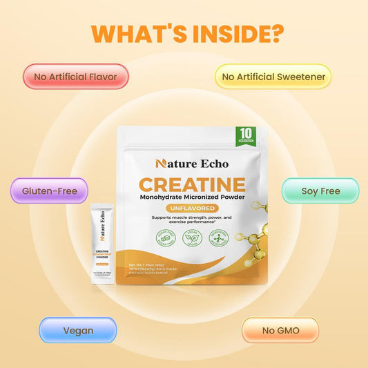 Nature Echo Creatine Monohydrate Micronized Powder - 10 Single-Serve Travel Packs 5g - Clean, Unflavored Creatine for Men & Women to Muscle Growth, Vegan, Gluten-Free, no Sugar