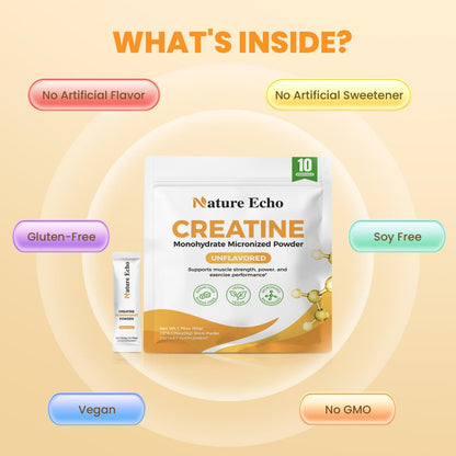 Nature Echo Creatine Monohydrate Micronized Powder - 10 Single-Serve Travel Packs 5g - Clean, Unflavored Creatine for Men & Women to Muscle Growth, Vegan, Gluten-Free, no Sugar
