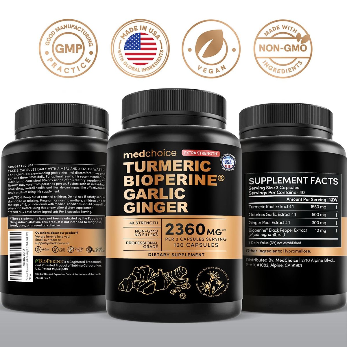 Extra Strength Turmeric Capsules - High-Absorption 2360 mg Curcumin Supplements, Non-GMO Blend for Digestive Comfort & Daily Support - Organic Turmeric Supplement with Black Pepper (120ct, Pack of 1) - görsel 10