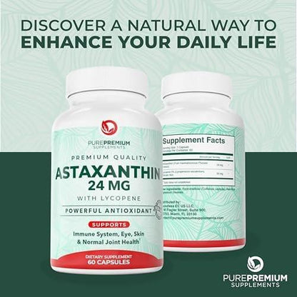 PurePremium Astaxanthin Supplements - Astaxanthin 24mg with Lycopene 50mg Antioxidants Supplement for Skin & Eye Health, & Immune System Support – Non-GMO - 60 Count, 2 Month Supply