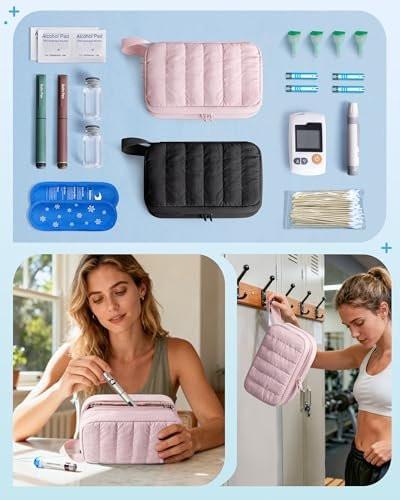 Marscamd Puffy Diabetes Travel Case with 2 Ice Packs, Insulin Cooler Travel Case with Multiple Pockets, Pink