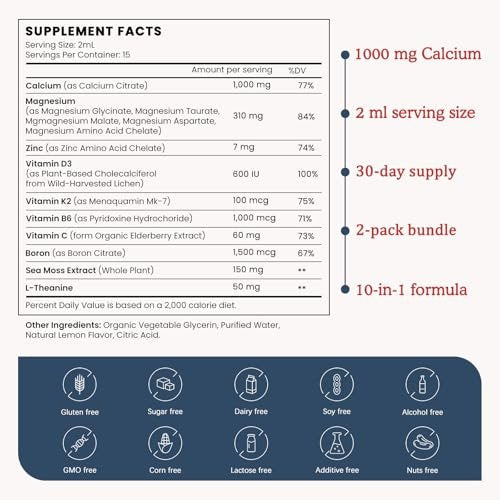 (2 Pack) 10 in 1 Magnesium Calcium Zinc Supplement with Vitamin C D3 K2, Glycinate Mag Vegan Liquid Drops Plus L-Theanine Boron Sea Moss Extract, Bone & Immune Support, Orange Flavor, 1 Fl Oz - görsel 6