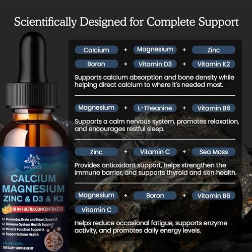 (2 Pack) 10 in 1 Magnesium Calcium Zinc Supplement with Vitamin C D3 K2, Glycinate Mag Vegan Liquid Drops Plus L-Theanine Boron Sea Moss Extract, Bone & Immune Support, Orange Flavor, 1 Fl Oz - görsel 8