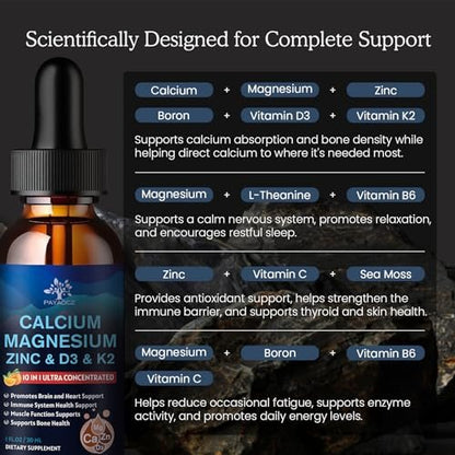 (2 Pack) 10 in 1 Magnesium Calcium Zinc Supplement with Vitamin C D3 K2, Glycinate Mag Vegan Liquid Drops Plus L-Theanine Boron Sea Moss Extract, Bone & Immune Support, Orange Flavor, 1 Fl Oz
