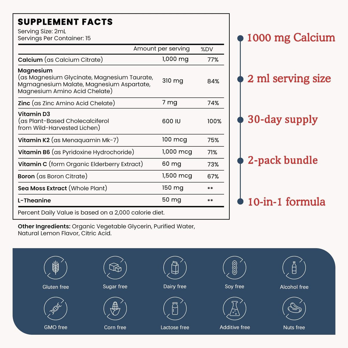 (2 Pack) 10 in 1 Magnesium Calcium Zinc Supplement with Vitamin C D3 K2, Glycinate Mag Vegan Liquid Drops Plus L-Theanine Boron Sea Moss Extract, Bone & Immune Support, Orange Flavor, 1 Fl Oz - görsel 5