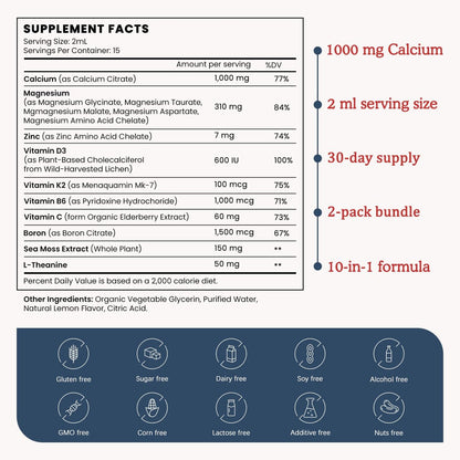 (2 Pack) 10 in 1 Magnesium Calcium Zinc Supplement with Vitamin C D3 K2, Glycinate Mag Vegan Liquid Drops Plus L-Theanine Boron Sea Moss Extract, Bone & Immune Support, Orange Flavor, 1 Fl Oz