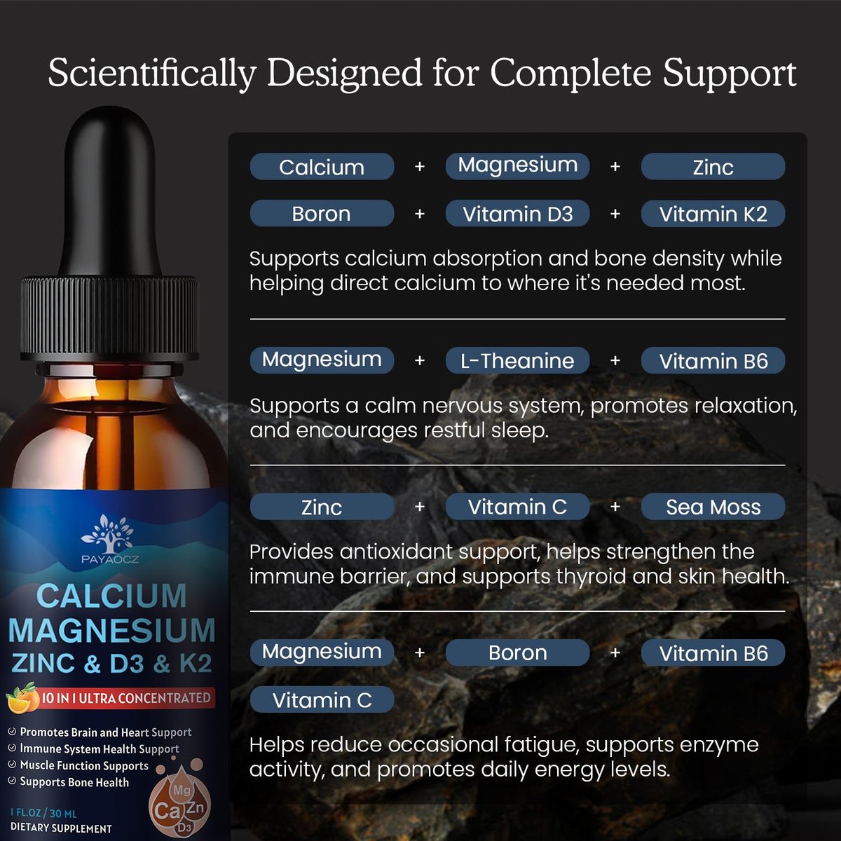 (2 Pack) 10 in 1 Magnesium Calcium Zinc Supplement with Vitamin C D3 K2, Glycinate Mag Vegan Liquid Drops Plus L-Theanine Boron Sea Moss Extract, Bone & Immune Support, Orange Flavor, 1 Fl Oz - görsel 7