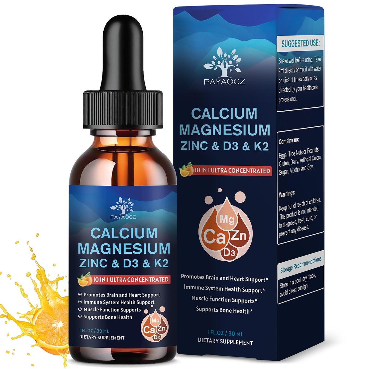(2 Pack) 10 in 1 Magnesium Calcium Zinc Supplement with Vitamin C D3 K2, Glycinate Mag Vegan Liquid Drops Plus L-Theanine Boron Sea Moss Extract, Bone & Immune Support, Orange Flavor, 1 Fl Oz - görsel 1