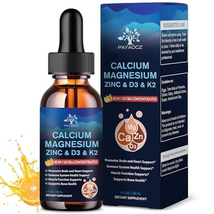 (2 Pack) 10 in 1 Magnesium Calcium Zinc Supplement with Vitamin C D3 K2, Glycinate Mag Vegan Liquid Drops Plus L-Theanine Boron Sea Moss Extract, Bone & Immune Support, Orange Flavor, 1 Fl Oz
