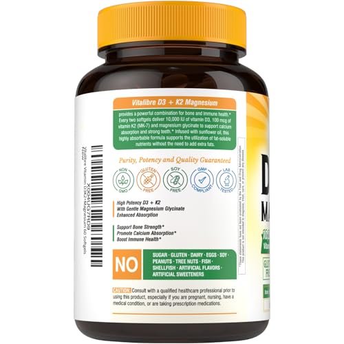 Vitalibre Vitamin D3 K2 + Magnesium Supplement, 10000 IU Vitamin D3 & 100 mcg K2, with Magnesium Glycinate, Bone, Teeth, Immune & Energy Support, High Absorption, Non-GMO, Easy to Swallow, 60 Softgels - görsel 10