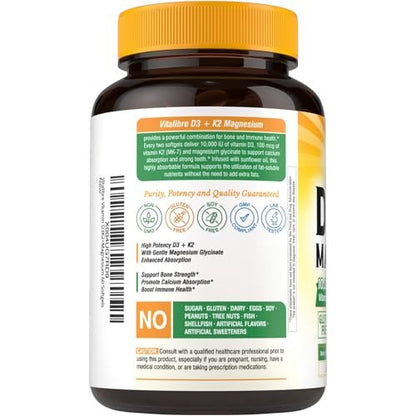 Vitalibre Vitamin D3 K2 + Magnesium Supplement, 10000 IU Vitamin D3 & 100 mcg K2, with Magnesium Glycinate, Bone, Teeth, Immune & Energy Support, High Absorption, Non-GMO, Easy to Swallow, 60 Softgels