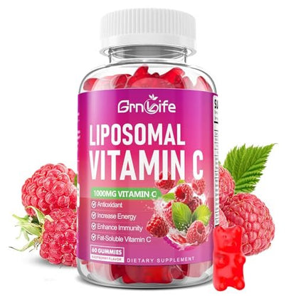 GrnLife Liposomal Vitamin C 1000mg Gummies for Adults Kids, 1500mg Chewable Vitamin C w/Iron, Zinc & Elderberry - Immune Support & Energy, Collagen Booster, Raspberry, 60 Count