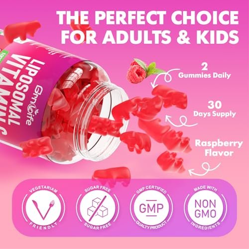 GrnLife Liposomal Vitamin C 1000mg Gummies for Adults Kids, 1500mg Chewable Vitamin C w/Iron, Zinc & Elderberry - Immune Support & Energy, Collagen Booster, Raspberry, 60 Count - görsel 1