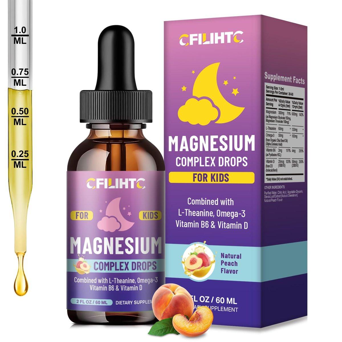 Kids Magnesium Liquid Drops - Magnesium Glycinate Liquid for Kids Supplement w/ L-theanine, Omega-3, Vitamin B6, D3 - for Sleep, Relaxation, Brain, Bones - Peach Flavor, 2 Fl Oz - görsel 11