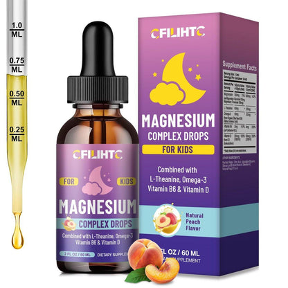 Kids Magnesium Liquid Drops - Magnesium Glycinate Liquid for Kids Supplement w/ L-theanine, Omega-3, Vitamin B6, D3 - for Sleep, Relaxation, Brain, Bones - Peach Flavor, 2 Fl Oz