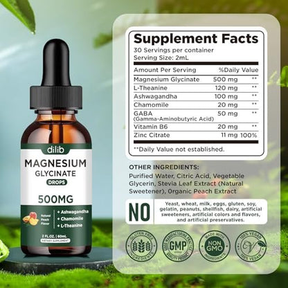 dilib Magnesium Glycinate Liquid Drops Supplement, with Magnesium Glycinate 500mg Ashwagandha, L-Theanine, Chamomile - Support Stress Relief, Bone, Muscle, Mood Peach Flavor 2Pack