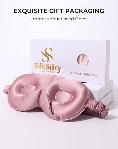 SilkSilky 100% 22 Momme Mulberry Silk Sleep Mask – Upgraded 3D Contoured Eye Mask with Nose Wing Pads & Adjustable Strap, Luxury Blackout Eye Cover for Women & Men (Pale Mauve) - görsel 1