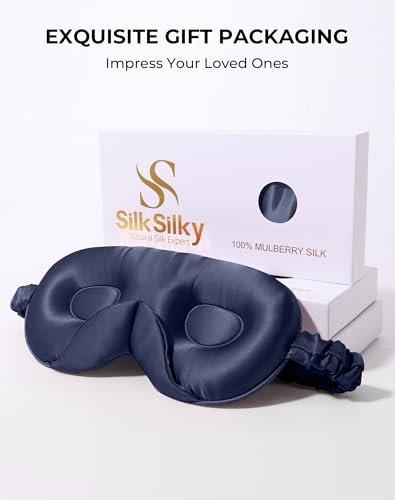 SilkSilky 100% 22 Momme Mulberry Silk Sleep Mask – Upgraded 3D Contoured Eye Mask with Nose Wing Pads & Adjustable Strap, Luxury Blackout Eye Cover for Women & Men (Dark Blue) - görsel 11