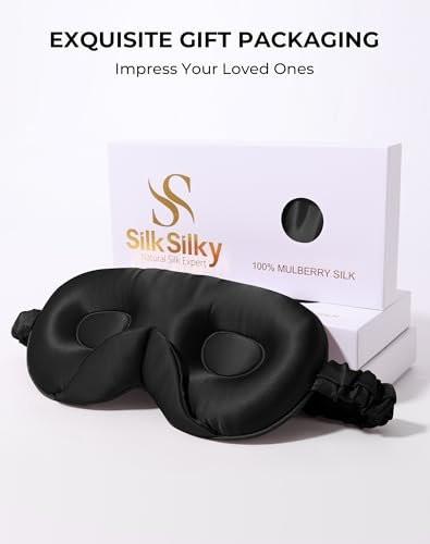 SilkSilky 100% 22 Momme Mulberry Silk Sleep Mask – Upgraded 3D Contoured Eye Mask with Nose Wing Pads & Adjustable Strap, Luxury Blackout Eye Cover for Women & Men (Black) - görsel 7