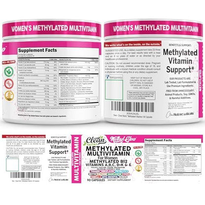 Methylated Multivitamin for Women - Vitamins B6, Methyl B12, A, B, C, D, K, E, Folate, Choline, Omega 3, Thiamine, Riboflavin, Iron, Iodine, Magnesium, Zinc, Selenium, Copper, Calcium - 90 Capsules by Clean Nutra