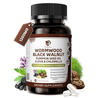 Lukaree Wormwood Black Walnut Cleanse for Human 1200mg – Ultra Gut Cleanse & Digestive Health w/Pumpkin Seed Oil, Clove, Activated Charcoal - for Men & Women Probiotic Capsules - Vegan, 60 Count