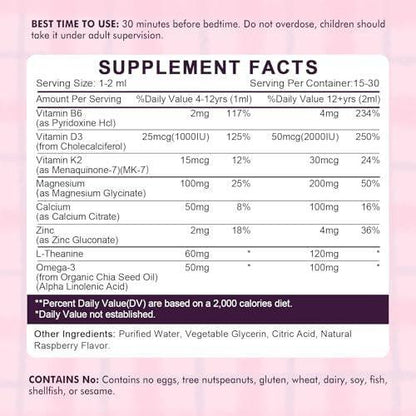 Kids Magnesium Glycinate Sleep Liquid Drops – Magnesium Glycinate with L-theanine for Sleep & Calm Support – Melatonin-Free, Sugar-Free Raspberry Flavor – 1 Bottle, 30ml