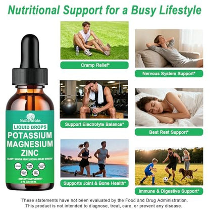 Potassium Magnesium Supplement Liquid, Electrolyte Potassium & Calm Magnesium Complex Drops Plus Zinc, Vitamin D3 & B6 for Cramp Relief, Bone, Energy & Immune Health, Faster Absorption Than Gummies