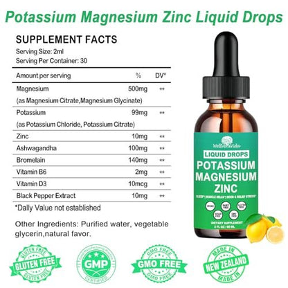 Potassium Magnesium Supplement Liquid, Electrolyte Potassium & Calm Magnesium Complex Drops Plus Zinc, Vitamin D3 & B6 for Cramp Relief, Bone, Energy & Immune Health, Faster Absorption Than Gummies
