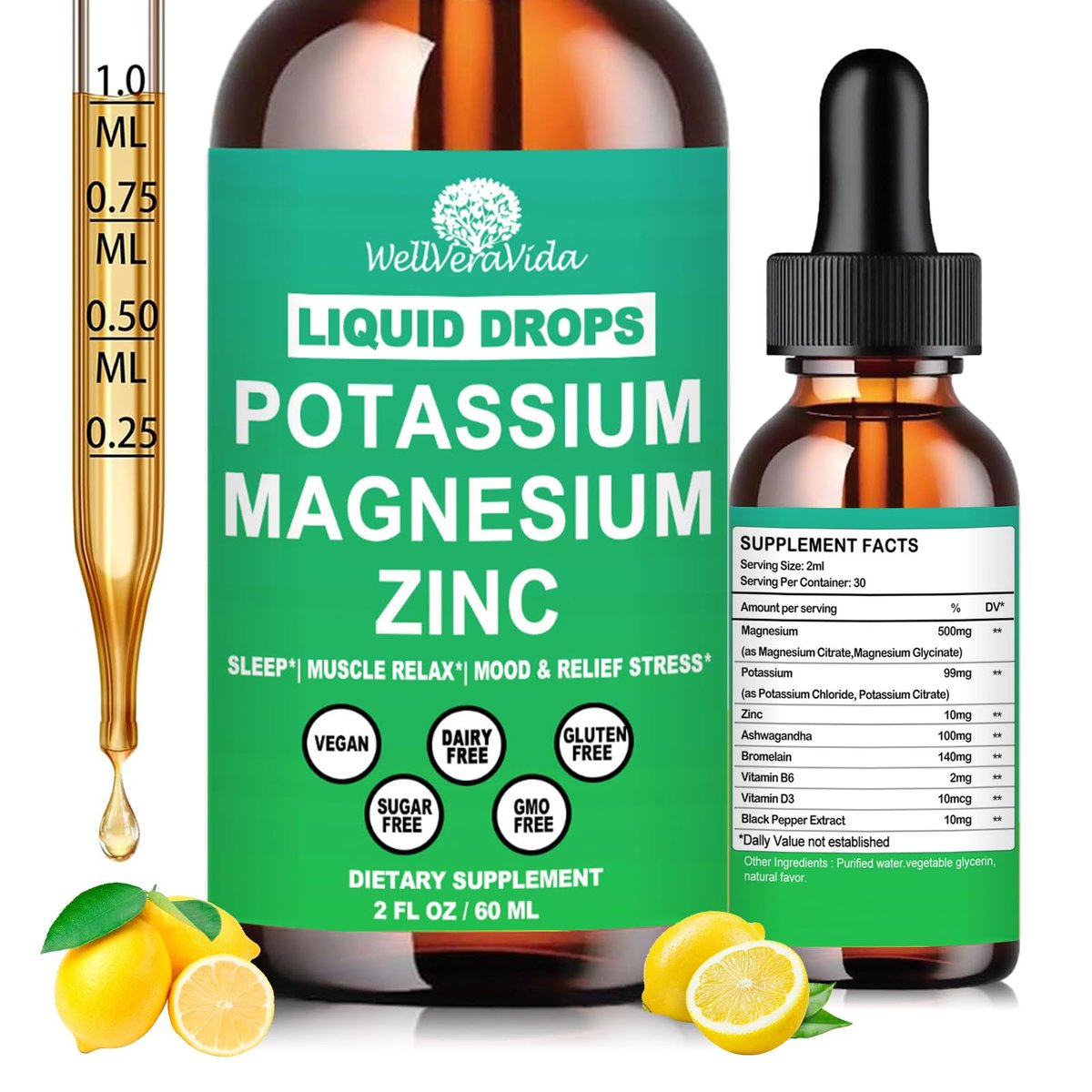 Potassium Magnesium Supplement Liquid, Electrolyte Potassium & Calm Magnesium Complex Drops Plus Zinc, Vitamin D3 & B6 for Cramp Relief, Bone, Energy & Immune Health, Faster Absorption Than Gummies - görsel 1