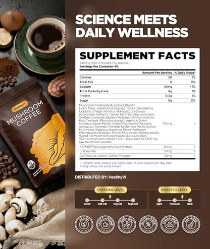 Mushroom Coffee with 15 Natural Mushrooms, Medium Roast Coffee With KSM-66 Ashwagandha & L-theanine Boosts Focus, Immunity, Energy, Mood & Gut Health, Arabica Instant Coffee, Vegan, 40 Servings