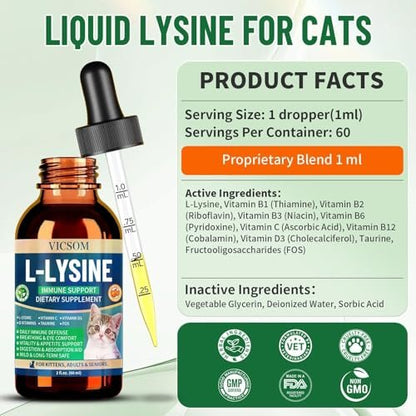 L-Lysine for Cats, Cat Lysine Supplement for Immune Support, Feline Respiratory, Sneezing, Runny Nose, Eye Function, Natural Strengthen Defenses, Chicken Flavor 60 ML