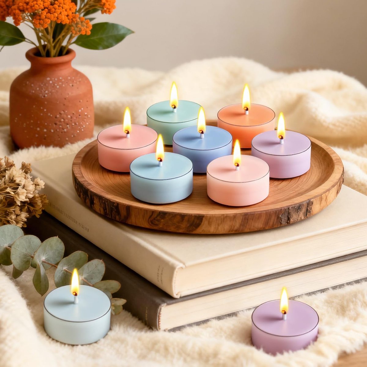 Colored Scented Tealight Candles, 16 Pack Soy Wax Colorful Tea Lights in 4 Scents for Home Decor, Relaxation & Gifts | Long-Lasting | Cedar, Amber Sandalwood, Lavender, Fig & Patchouli - görsel 7