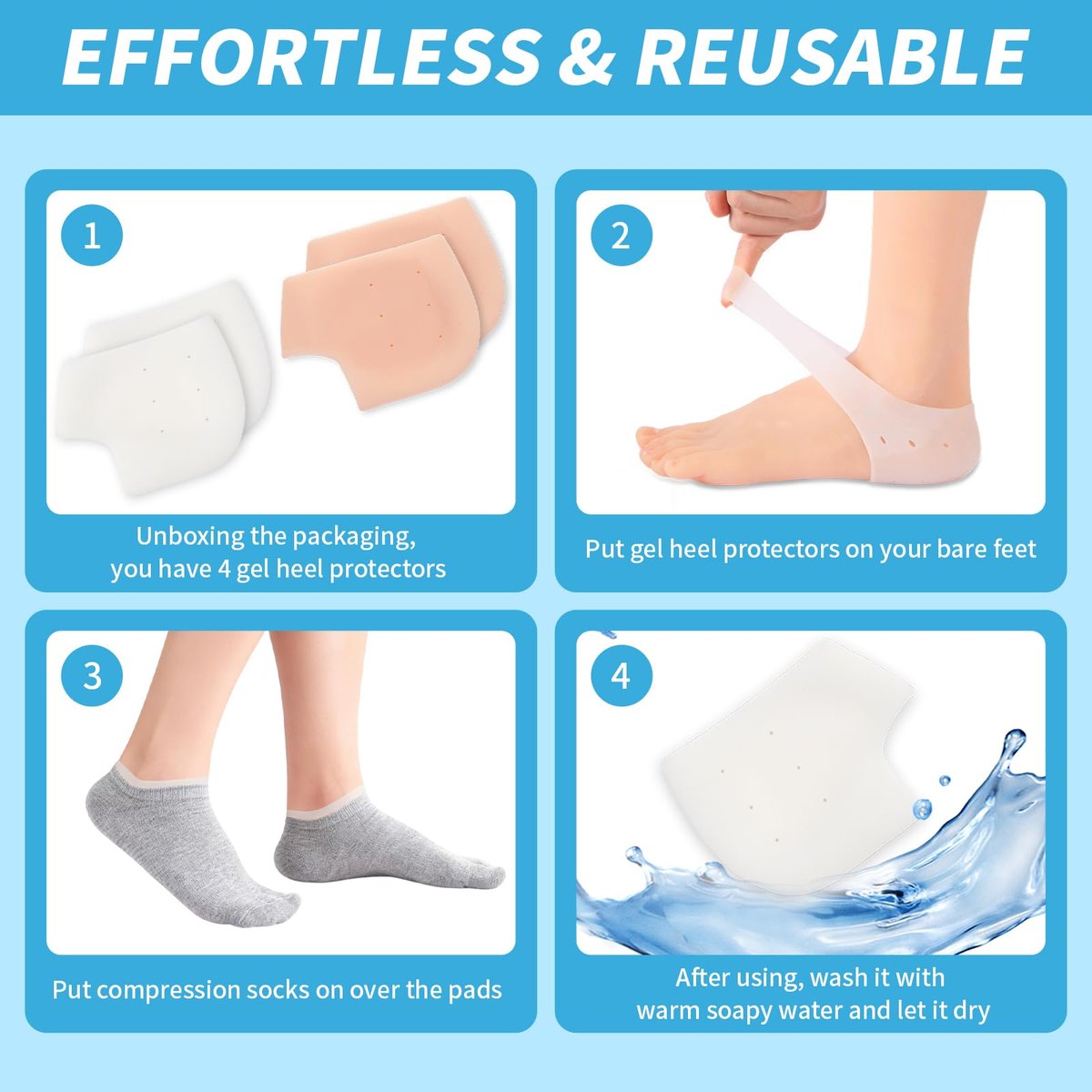 HydtoKun Gel Heel Cups & Silicone Heel Protectors for Shoes (2-Pairs), Cushioned Sole Cups for Plantar Fasciitis, Cracked Footbed Relief & Blister Prevention, for Women & Men - görsel 9