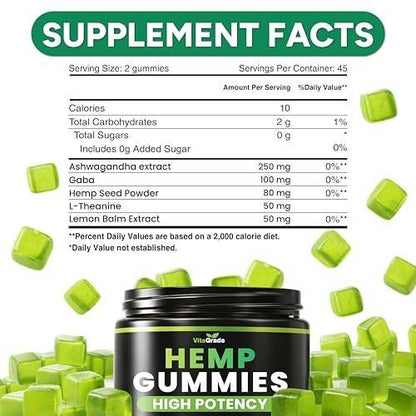 Hemp Gummies - Zero Sugar - Extra Strength for Peace & Relaxation - Infused with Hemp Oil, Ashwagandha, L-Theanine - Tasty Relaxation Supplement - Natural Relief - 90 Ct - Formulated in USA