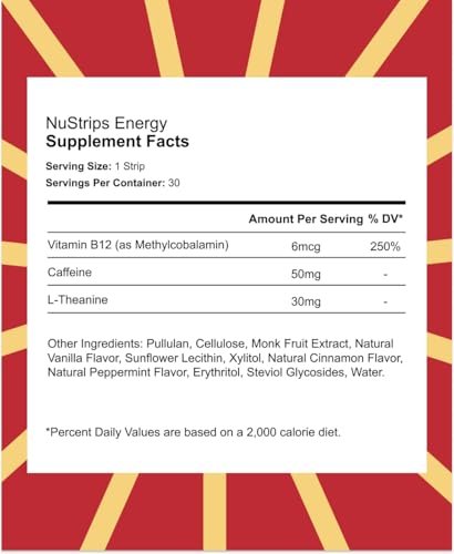 NuStrips™ Fast-Dissolving Energy Strips with 50mg Caffeine, L-Theanine & Vitamin B12 – Instant Energy & Focus Without Jitters or Crash – Works Faster Than Coffee – Soothing Cinnamon (3 Strips) - görsel 1