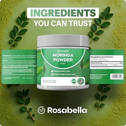 Rosabella Pure Moringa Powder - Energy, Skin, Immune & Gut Health Superfood, Rich in Antioxidants, Essential Vitamins & Amino Acids, Natural Green Superfood Supplement (3.7oz (Pack of 1)) - görsel 1
