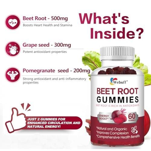 Webuff Beet Root Gummies - Nitric Oxide Booster with Organic Beet, Pomegranate & Grape Seed, Vitamin B12 - Energy, Circulation & Heart Health Support, Vegan, Non-GMO, 60 Count (Pack of 1) - görsel 8