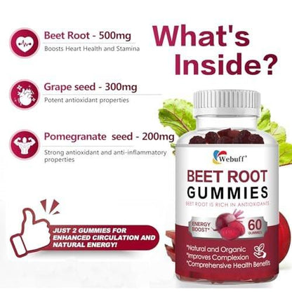 Webuff Beet Root Gummies - Nitric Oxide Booster with Organic Beet, Pomegranate & Grape Seed, Vitamin B12 - Energy, Circulation & Heart Health Support, Vegan, Non-GMO, 60 Count (Pack of 1)
