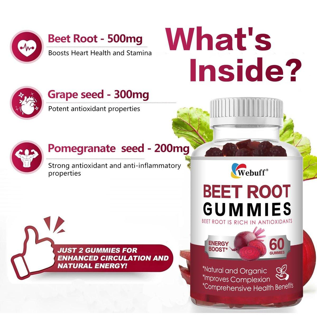 Webuff Beet Root Gummies - Nitric Oxide Booster with Organic Beet, Pomegranate & Grape Seed, Vitamin B12 - Energy, Circulation & Heart Health Support, Vegan, Non-GMO, 60 Count (Pack of 1) - görsel 7