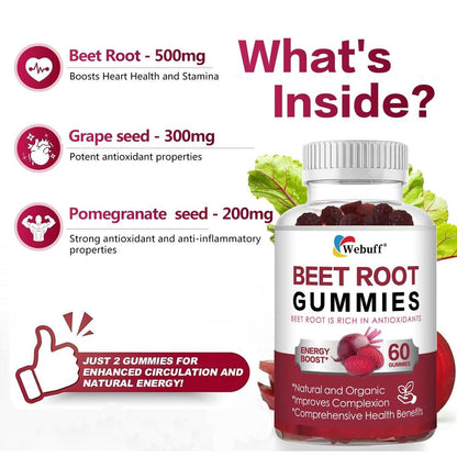 Webuff Beet Root Gummies - Nitric Oxide Booster with Organic Beet, Pomegranate & Grape Seed, Vitamin B12 - Energy, Circulation & Heart Health Support, Vegan, Non-GMO, 60 Count (Pack of 1)
