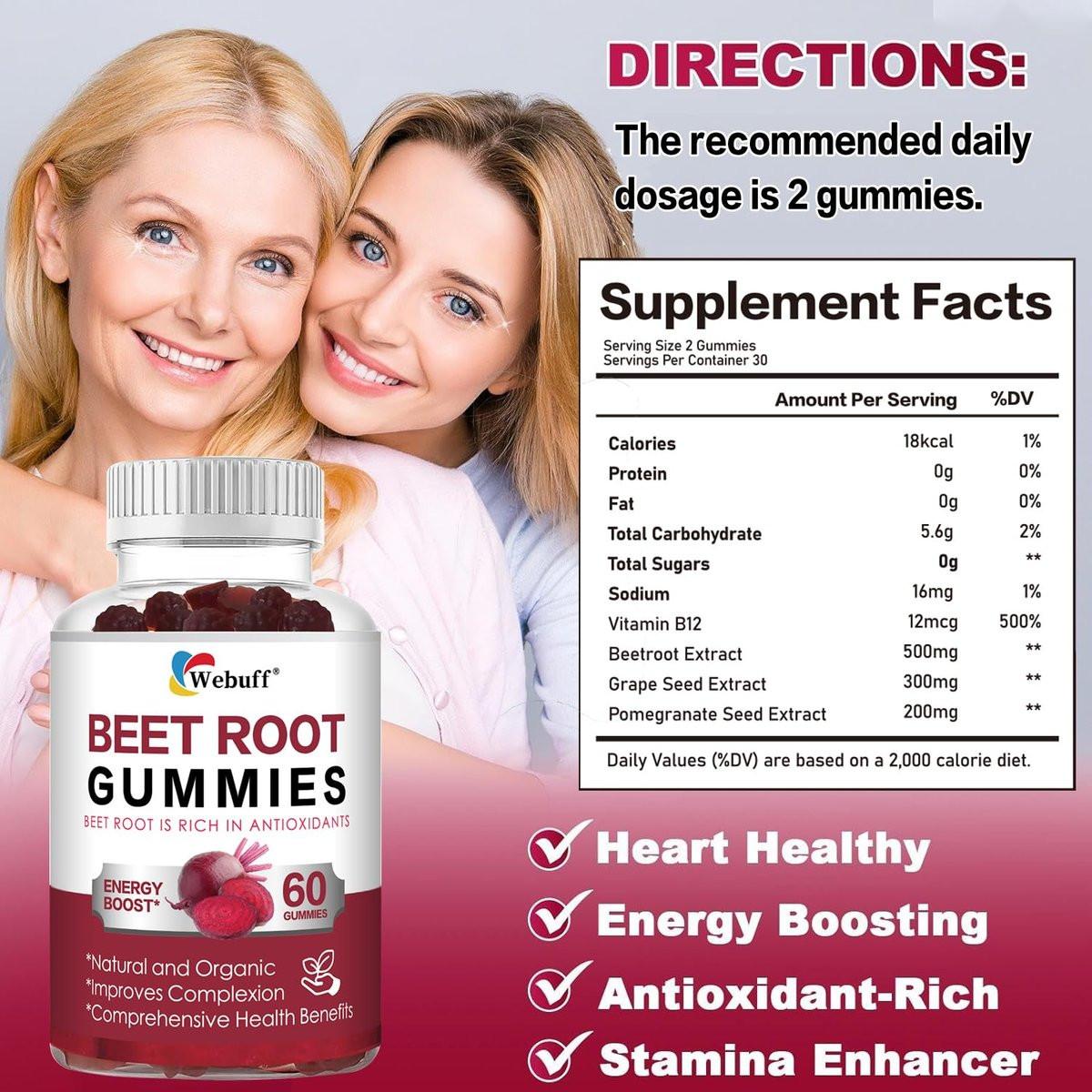 Webuff Beet Root Gummies - Nitric Oxide Booster with Organic Beet, Pomegranate & Grape Seed, Vitamin B12 - Energy, Circulation & Heart Health Support, Vegan, Non-GMO, 60 Count (Pack of 1) - görsel 3