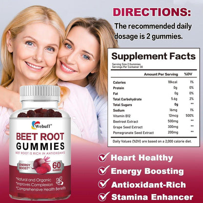 Webuff Beet Root Gummies - Nitric Oxide Booster with Organic Beet, Pomegranate & Grape Seed, Vitamin B12 - Energy, Circulation & Heart Health Support, Vegan, Non-GMO, 60 Count (Pack of 1)