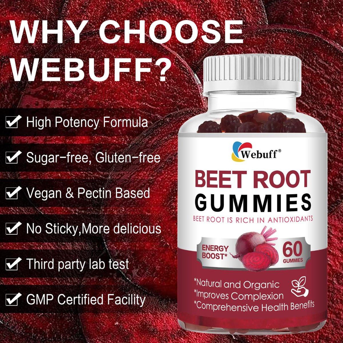 Webuff Beet Root Gummies - Nitric Oxide Booster with Organic Beet, Pomegranate & Grape Seed, Vitamin B12 - Energy, Circulation & Heart Health Support, Vegan, Non-GMO, 60 Count (Pack of 1) - görsel 13