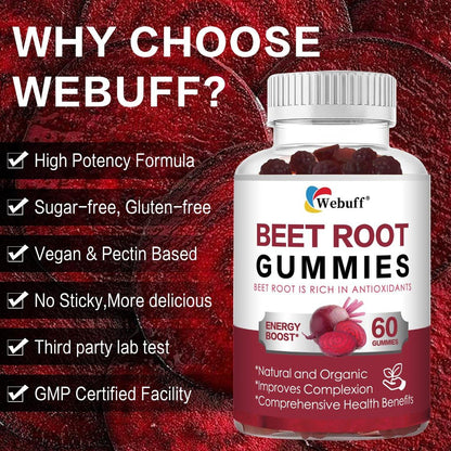 Webuff Beet Root Gummies - Nitric Oxide Booster with Organic Beet, Pomegranate & Grape Seed, Vitamin B12 - Energy, Circulation & Heart Health Support, Vegan, Non-GMO, 60 Count (Pack of 1)
