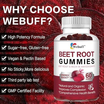 Webuff Beet Root Gummies - Nitric Oxide Booster with Organic Beet, Pomegranate & Grape Seed, Vitamin B12 - Energy, Circulation & Heart Health Support, Vegan, Non-GMO, 60 Count (Pack of 1)