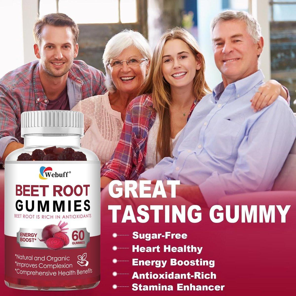 Webuff Beet Root Gummies - Nitric Oxide Booster with Organic Beet, Pomegranate & Grape Seed, Vitamin B12 - Energy, Circulation & Heart Health Support, Vegan, Non-GMO, 60 Count (Pack of 1) - görsel 5